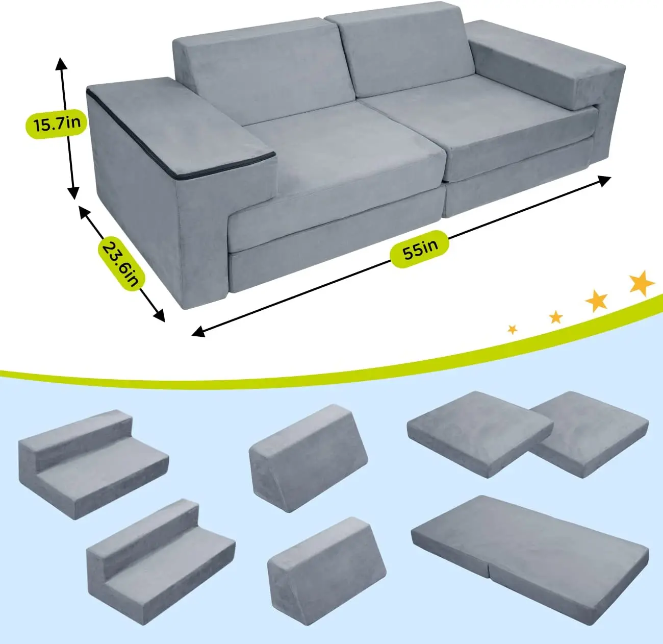 7pcs Kids' Sofas Couch Set Premium Foam Kids Play Modular Couch For