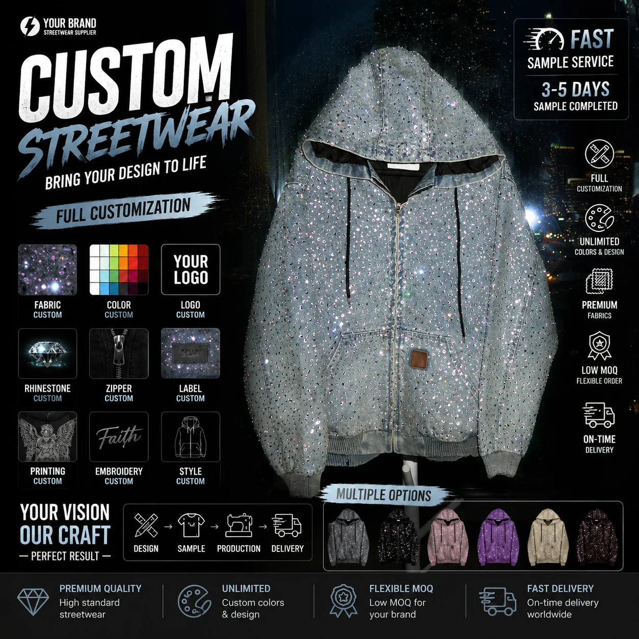 Manufacturer Designer Punk Cotton Oversize Zipper Diamond Rhinestone Hoodie Streetwear Vintage Man Jean Denim Men's Jacket