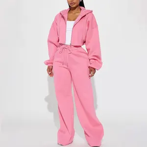 Custom Tracksuits Heavyweight Cotton French Terry Solid Color Hoodie & Pants Jogger Women Crop Top Hoodie and Sweatpants Set