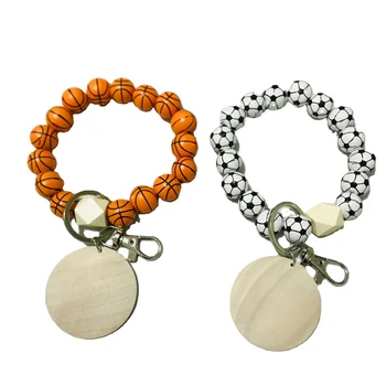 Wooden soccer beads basketball baseball volleyball rugby football patterns plastic bracelet with keychain monogram disc