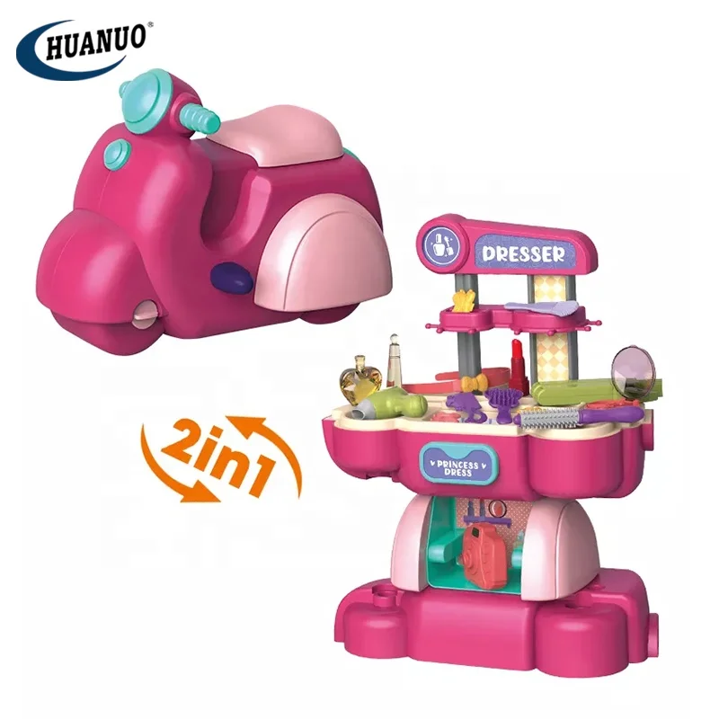 2 in 1 Motorcycle Makeup Table Toys Diy Pretend Play Beauty Dressing Table Toy for Girls Cosmetic