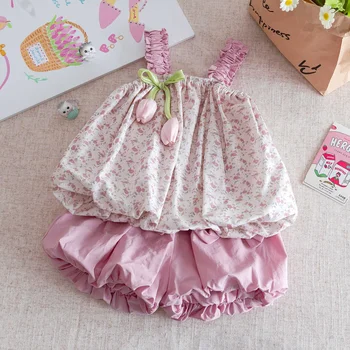 2025 Summer New Girls' Floral Suspender Pants Suit Pink Western Style Casual Two-Piece Set Worsted Fabric Tulip for Kids