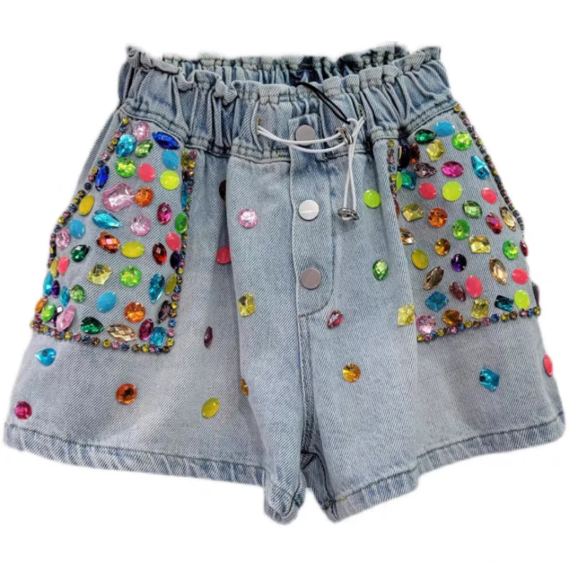 Sommerfargete diamantformede perler på jeansbukser for damer, høy talje, gatestil, motebuks