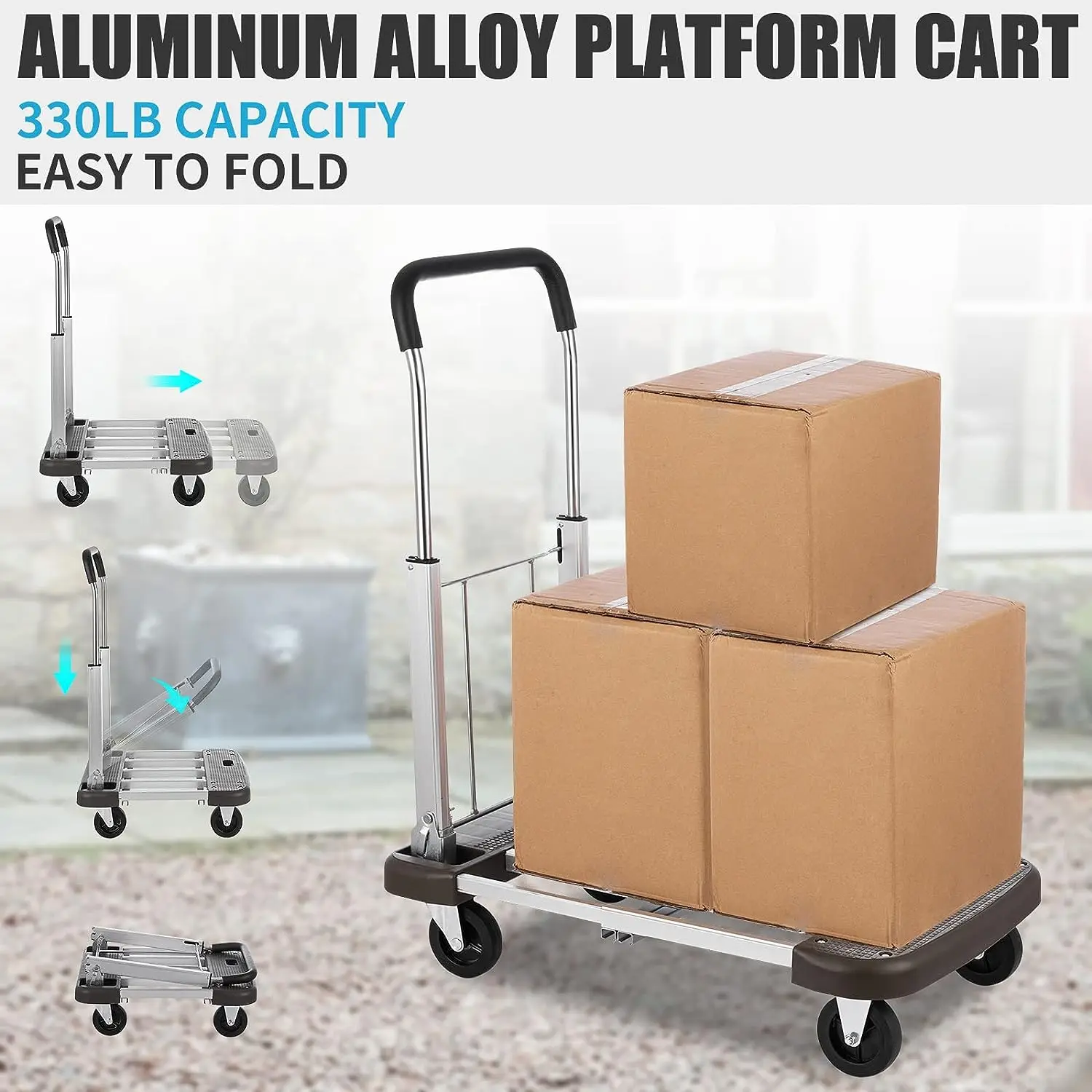 Platform Cart Foldable Push Cart Aluminum Adjustable Length Dolly Cart with Polyurethane Mute Wheel Platform Hand Truck Portable