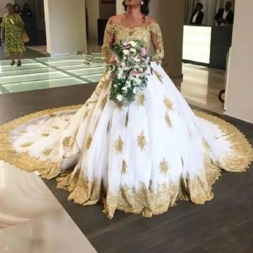 Wholesale Gold Dubai Ball Gown Wedding Dresses West African Wedding Dress Off The Houlder Wedding Dresses with Leeves,2 Pieces