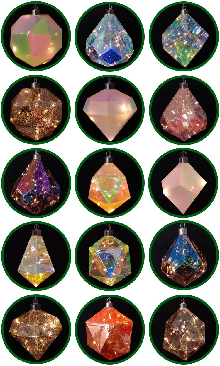 Led light up silver mercury glass geometric diamond shaped drop Christmas tree decorations hanging ornaments baubles details