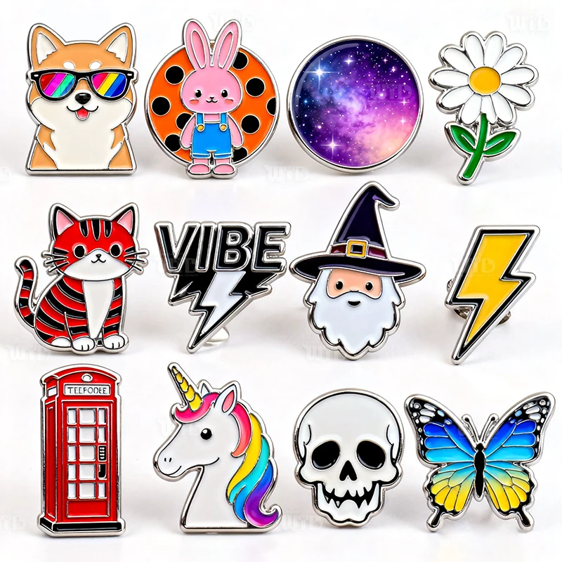 Ontwerp uw eigen cartoonlogo emaille pinnen op maat UV-afdruk gegoten verguld gepersonaliseerd grappig metalen broche badges kleding revers