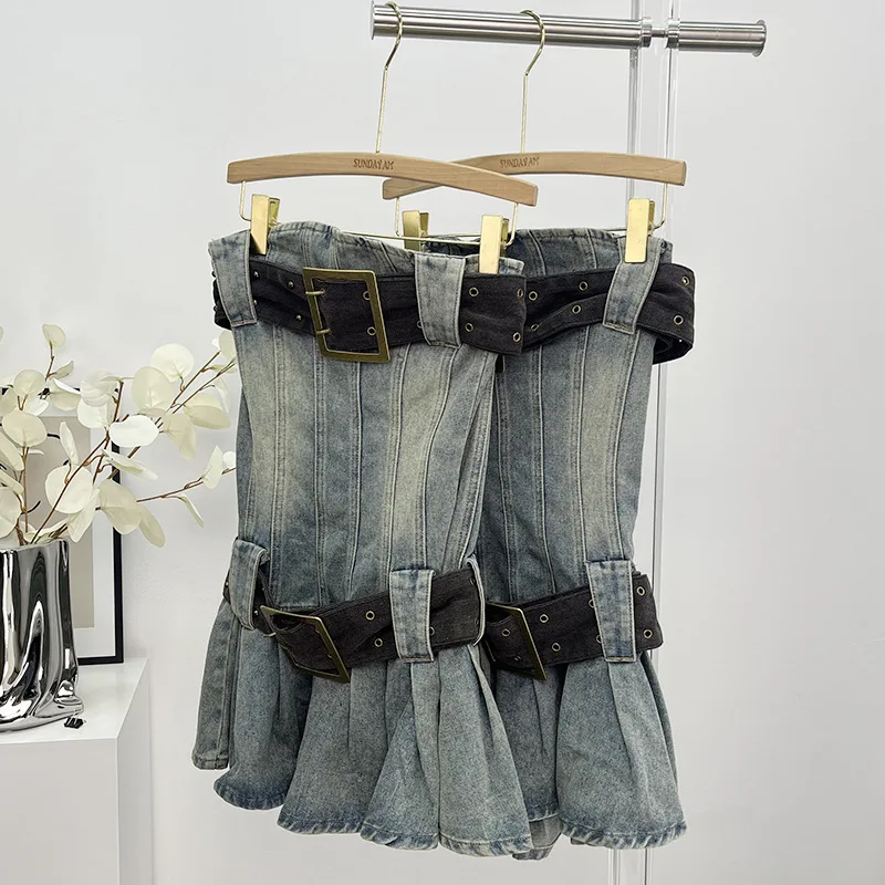 Korean Fashion Kpop Belt Pleated Mini Dress Summer Bodycon Sexy Dresses  2000s Streetwear Women Vintage Y2k Strapless Denim Dress
