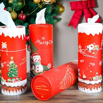 Christmas Gift Tube Tissue Set Virgin Plastic Bottom Recycled Cylinder Car Tissue with Shrink Wrapping for Facial Use