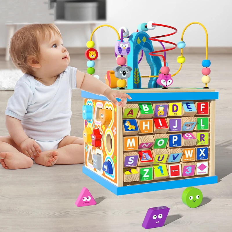 Большой многофункциональный деревянный лабиринт-счеты Монтессори, шкатулка-сокровищница, кубик с развивающими заданиями для раннего обучения и развития интеллекта, детские обучающие игрушки