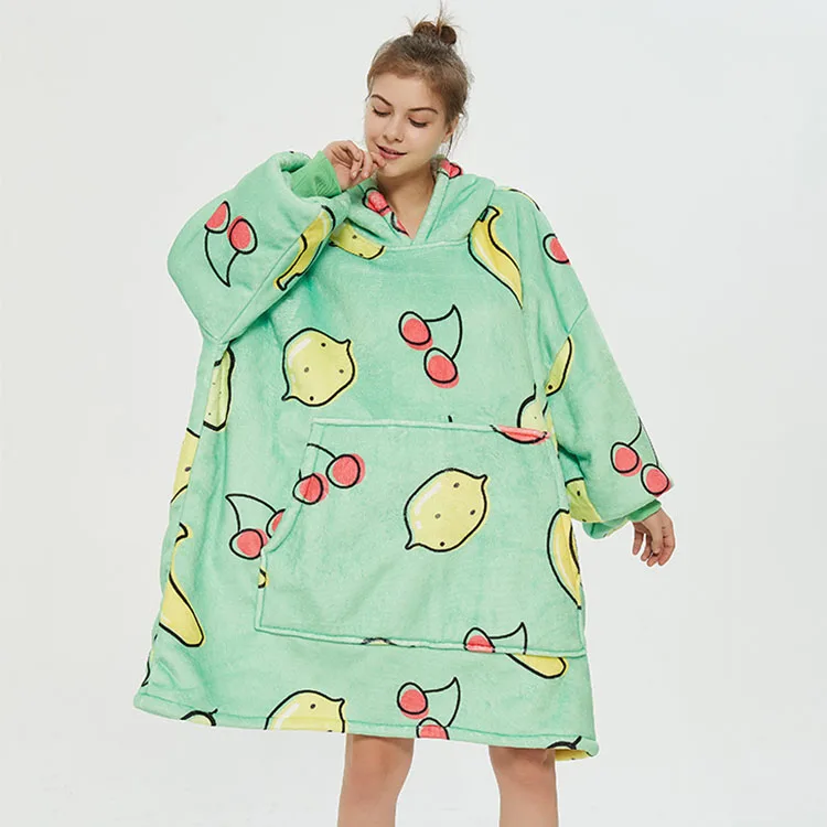 Wholesale New Fashion Women Fresh fruit Pattern Warm TV Blanket With Sleeves Velvet Thickening Fleece Oversized Hoodie Blanket