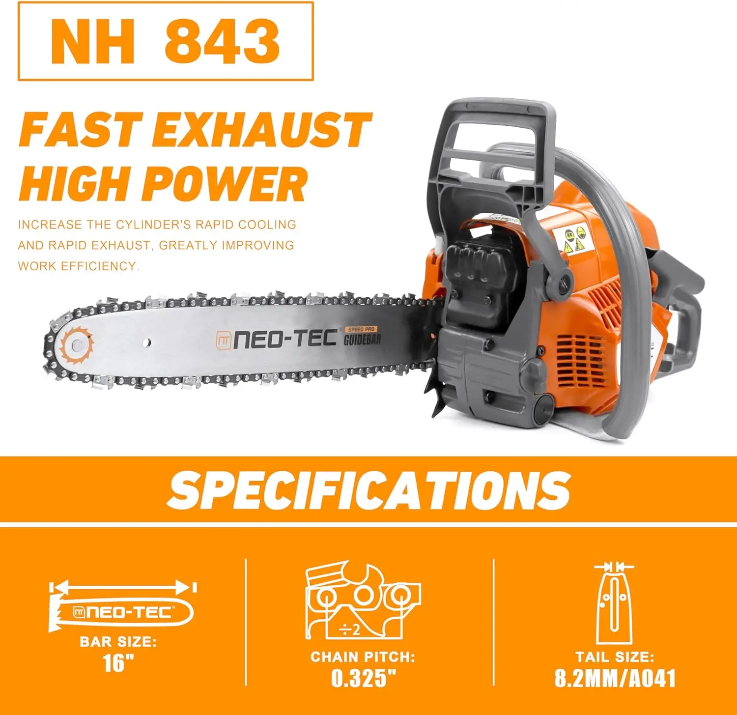 NEOTEC 43cc Gas Chainsaw NH843 with 16 Inch Guide Bar and Chain