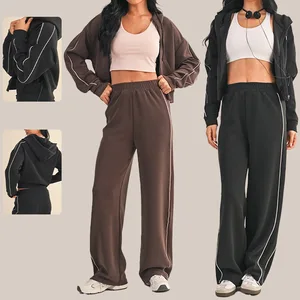 High Quality Sports Outfit Women Full Zipper Hoodies and Jogging 2pcs Blank Lines Activewear Gym Fitness Vintage Tracksuit