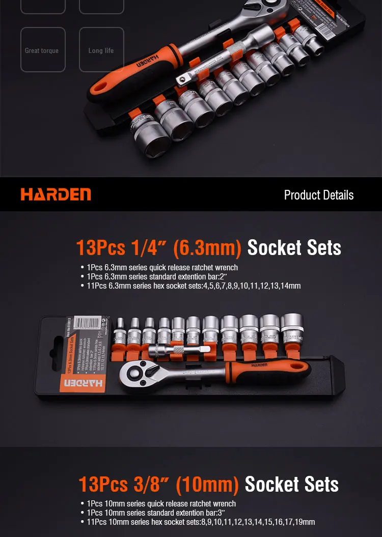 OEM/ODM 13PCS 6.3mm 13PCS 10mm 12PCS 12.5mm Professional Chrome Vanadium Handle Socket Tool Set