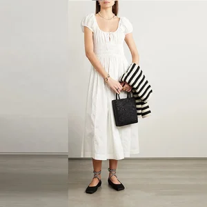 Clothing Manufacturer Custom Spring Summer Square Neck Short Sleeve Elegant Casual Women White Cotton Midi Dress