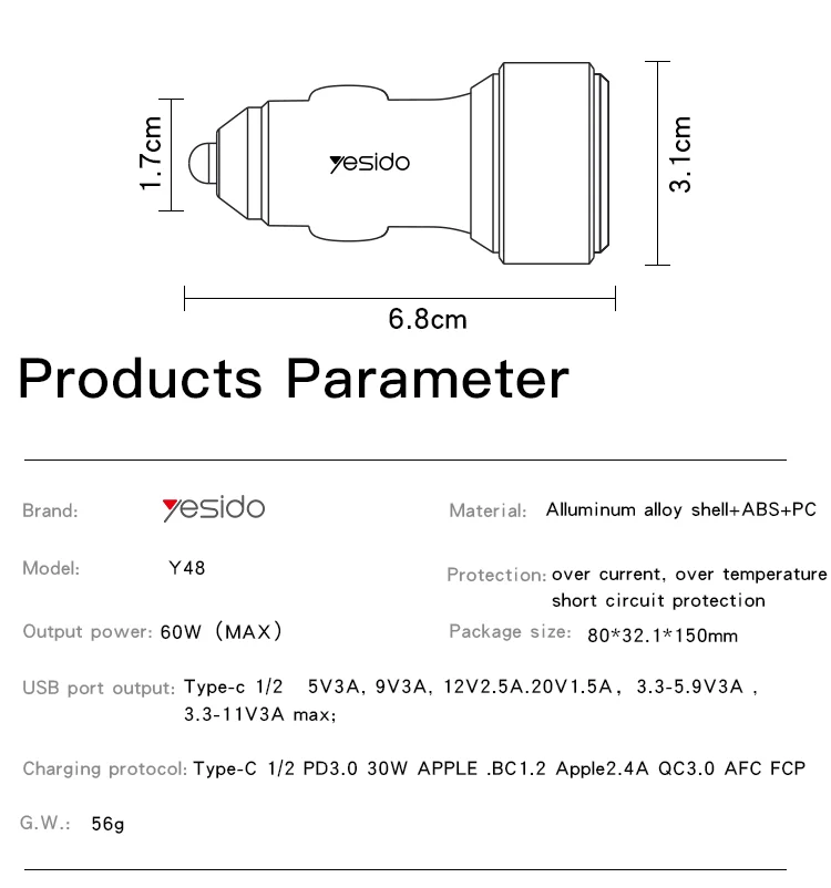YESIDO 2 Type-C port PD 30W 20W compatible fast charging USB C car charger