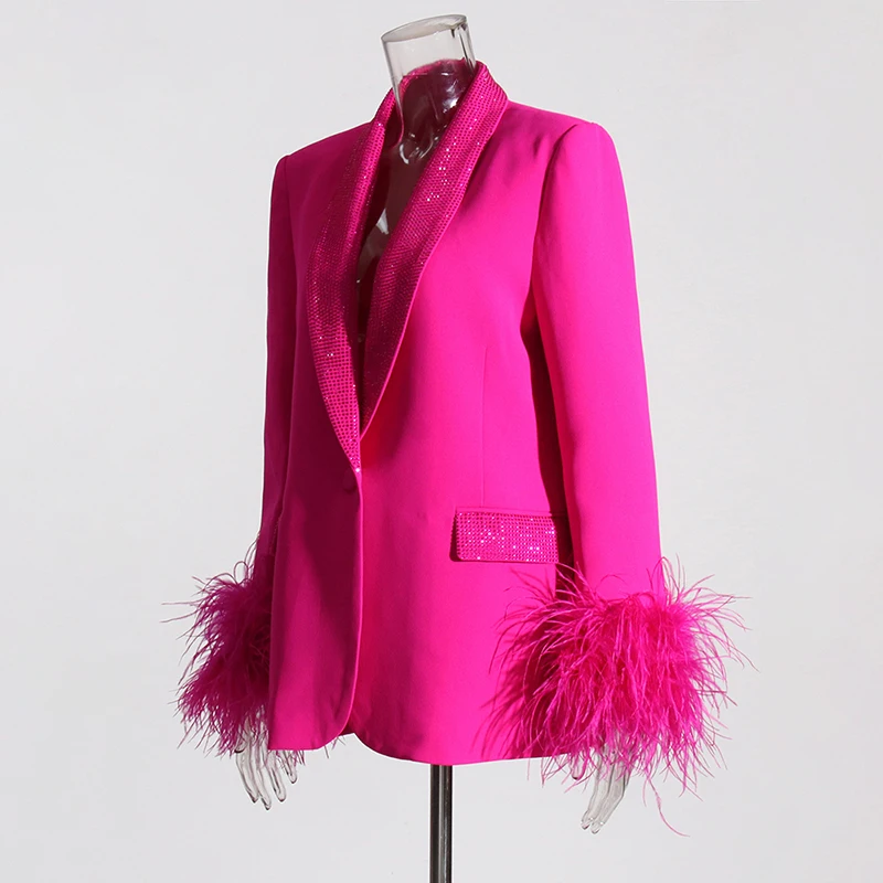 Quilted Blazer with Feather-Trimmed Sleeves and Bow Closure - Pink