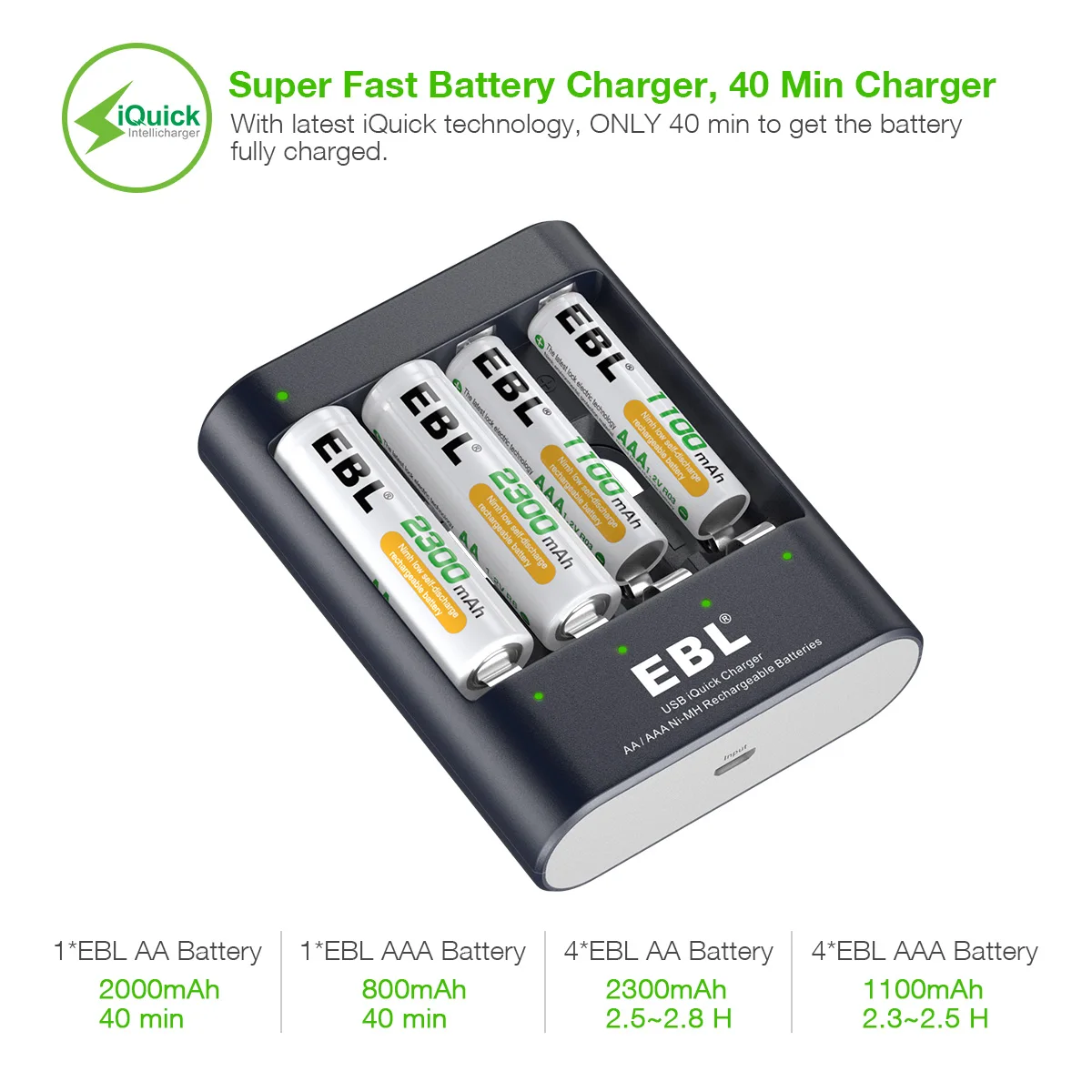 EBL AA AAA NI-MH Rechargeable Batteries Battery 2300mAh 800mAh 1.2