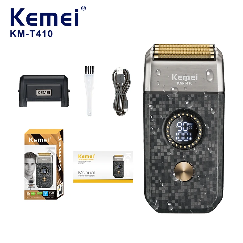 KEMEI Km-t410, rasoir électrique pour barbe à 13 vitesses, batterie 1200 mAh, 9000 tr/min, étanchéité IPX6, machine pour épilation capillaire, lame triple avec mini-rasoir