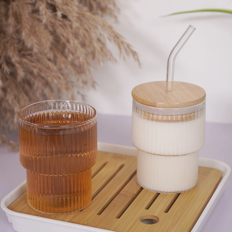 Wholesale household 200ml transparent Vertical grain single layer glass cup with lid and straw