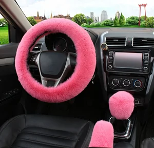 Car Steering Wheel Cover Gearshift Handbrake Cover Protector Decoration Warm Thick Plush Collar Soft Black Pink Women Man