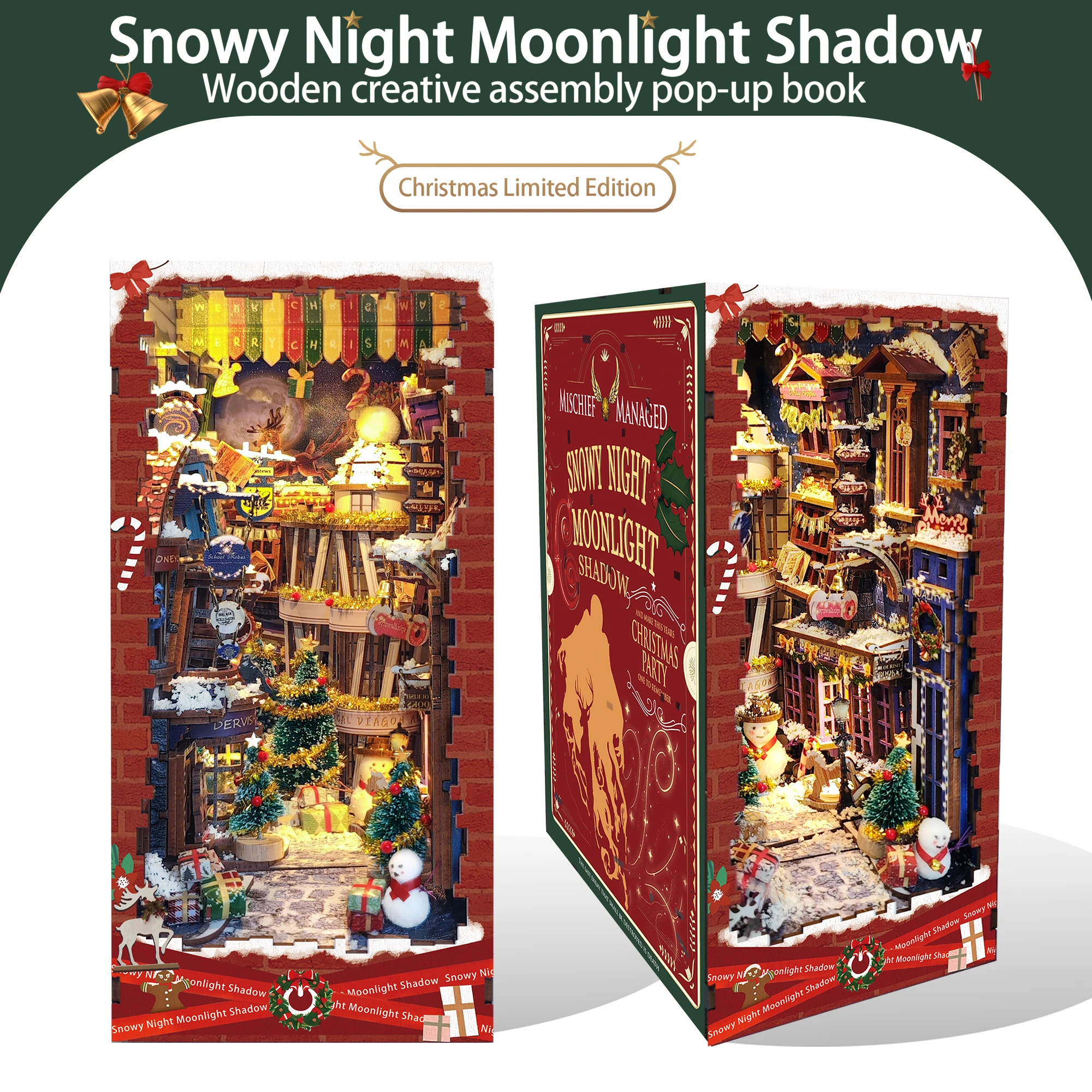 Book Nook Christmas Wooden Puzzle Bookend Diy Miniature House Booknook Shelf Insert Snowy Night Moonlight Shadow Book Nook Kit