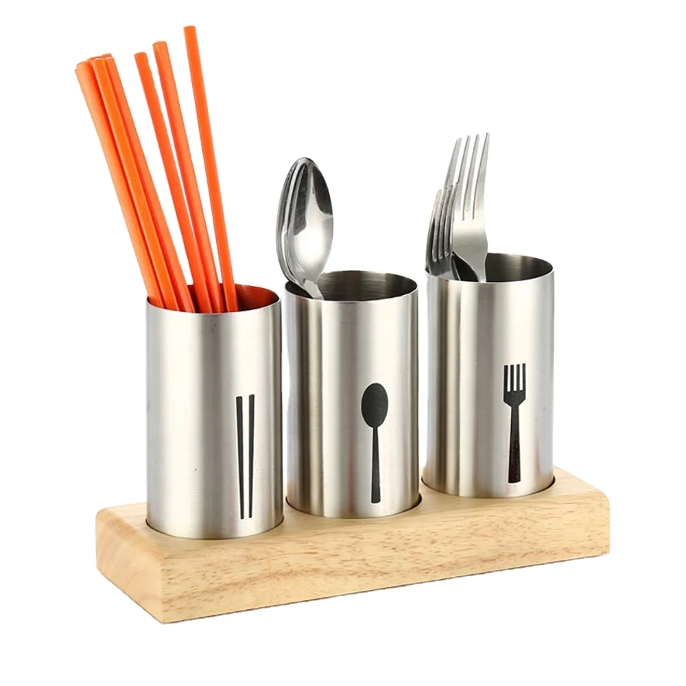 Flatware Organizer Caddy with Wood Base SUS304 Stainless Steel Cutlery Utensil Holder for Kitchen Countertop 