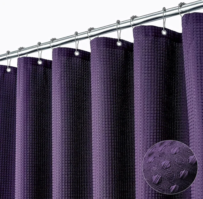 Luxury Minimalist Bath Curtain Set with 12 Plastic Hooks Black Purple Waffle Textured Heavy Duty Shower Curtains for Bathroom