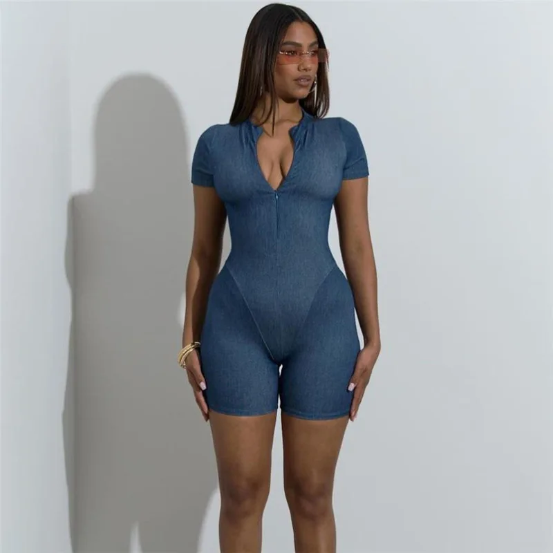 blue zip up romper