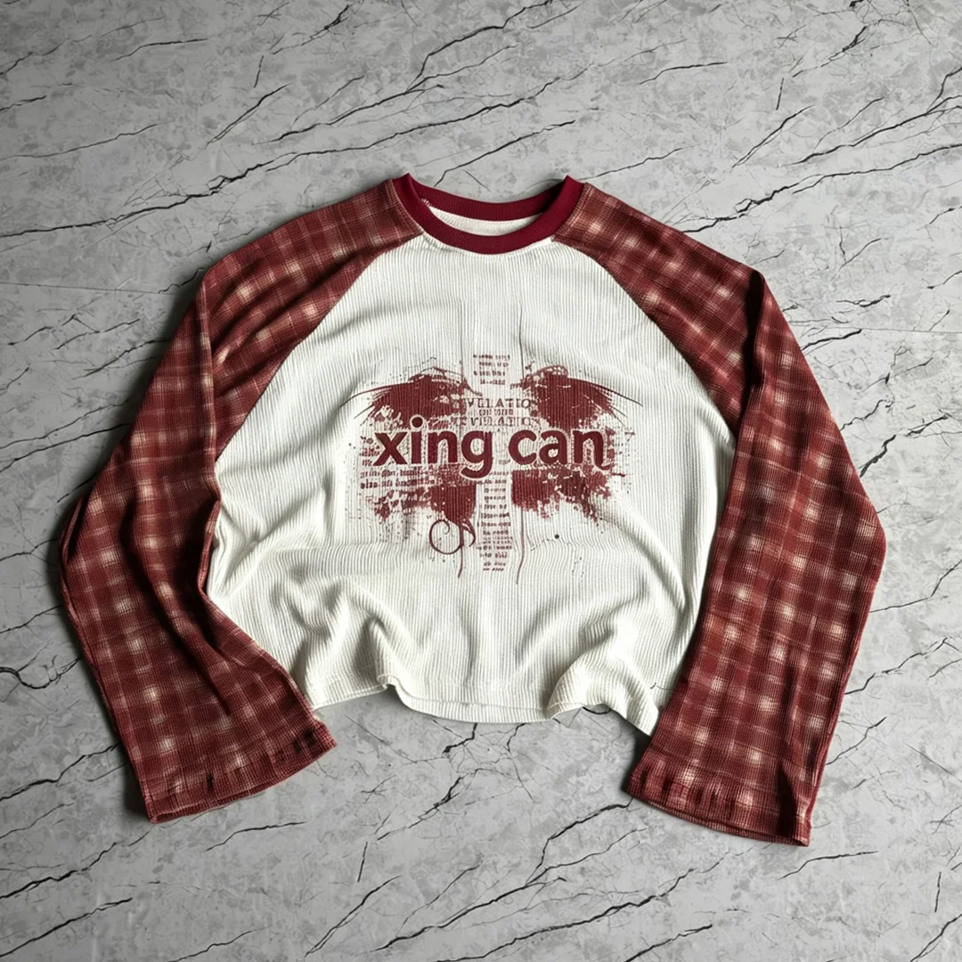 Individuální tričko pro muže: 100% bavlna, streetwearové vintage plaidové raglanové tričko s dlouhým rukávem, povrch typu waffle knit, digitální potisk DTG