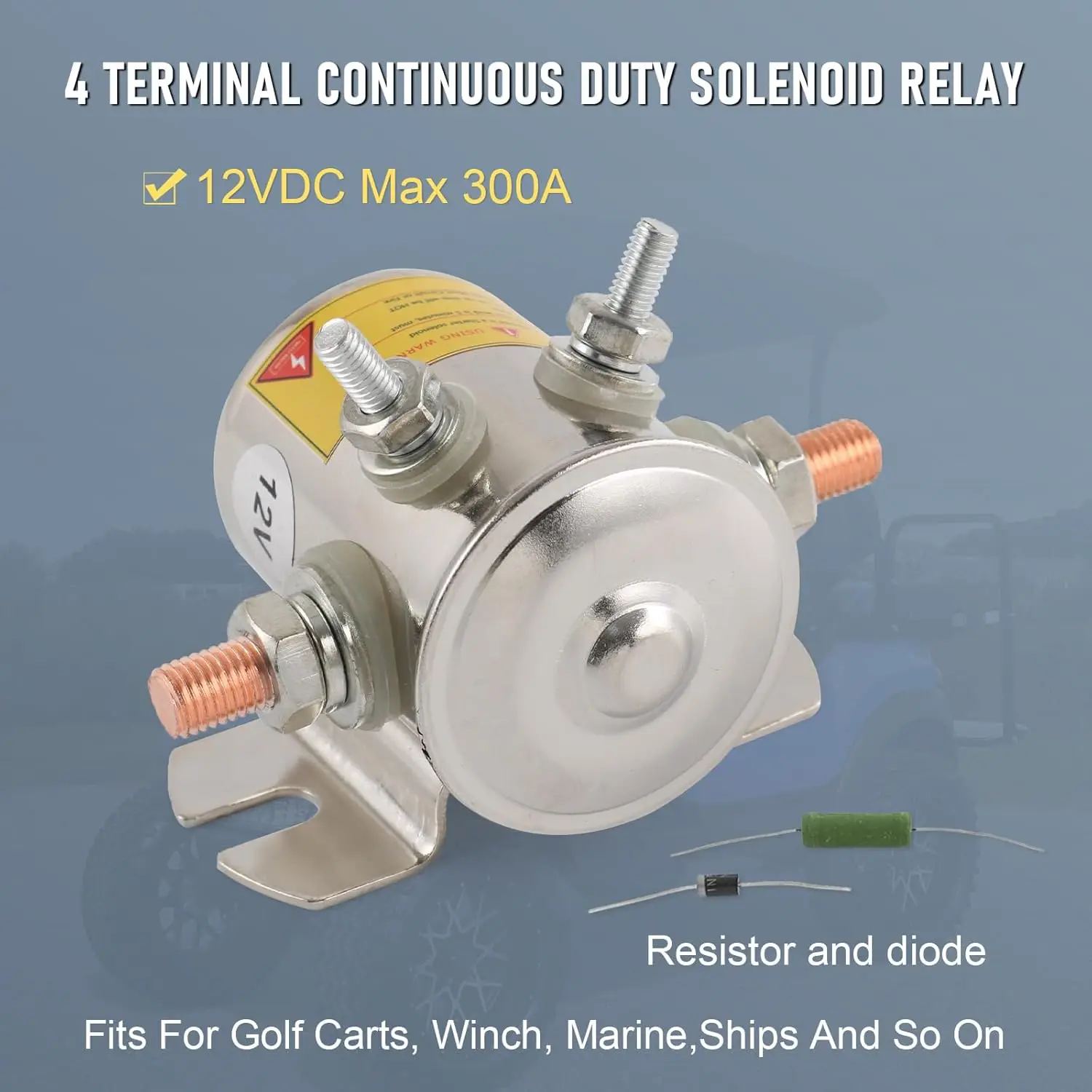 Continuous Duty 12VDC Max 300A Solenoid Relay with Resistor Diode Nickel Plated Contactors for Golf Carts Winch Marine in a Rush