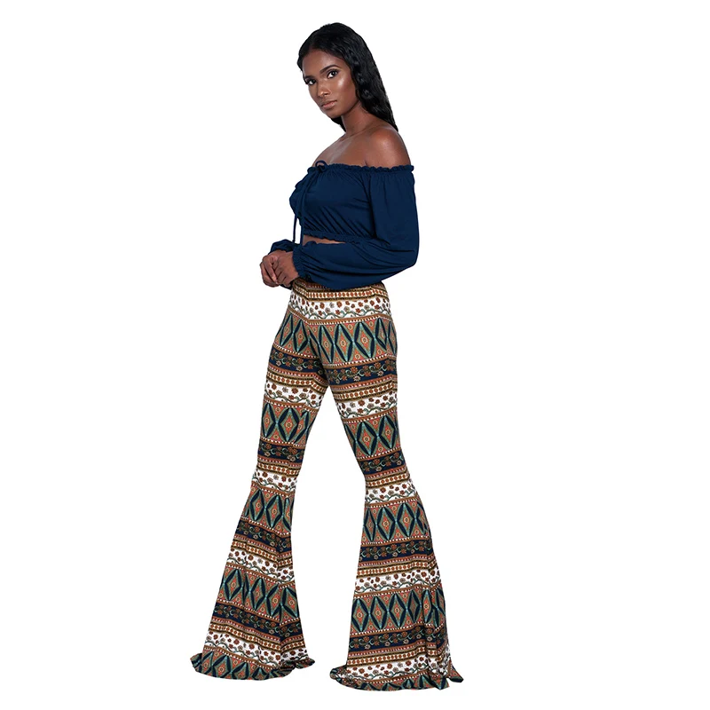 Women's Bell Bottom Pants High Waist Flare Boho Print Maxi Trousers Boho  Flare Plaid Printing Wide Leg Flared Bell Bo…