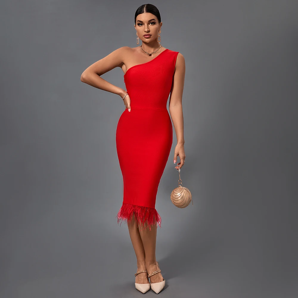 Ocstrade Fashion Red Sexy Birthday Outfit Dresses Slanted Shoulder Solid Color Plush Embellished Elegant Party Midi Dress Ocstrade Fashion Red Sexy Birthday Outfit Dresses Slanted Shoulder Solid Color Plush Embellished Elegant Party Midi Dress