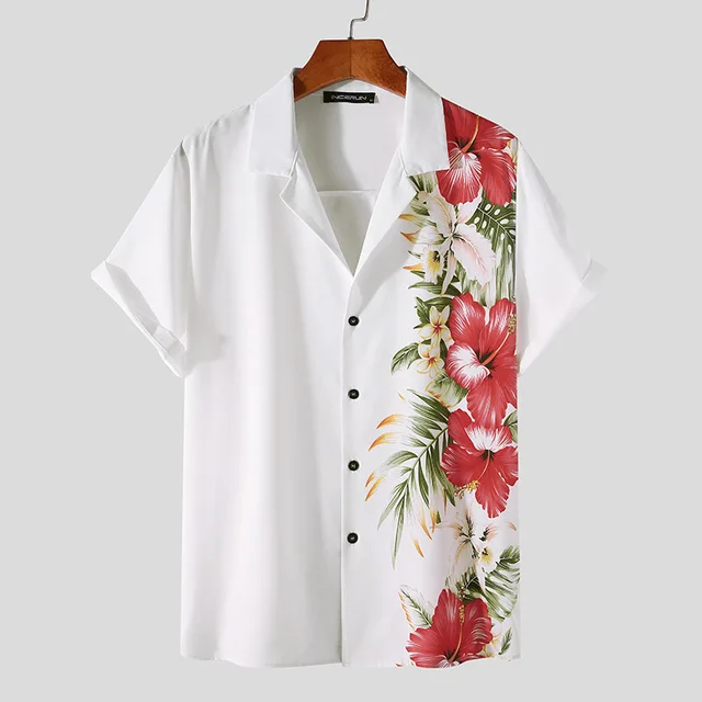 2024 summer trendy white shirt with rose print fashion beach shirt casual comfortable Hawaiian men's wear