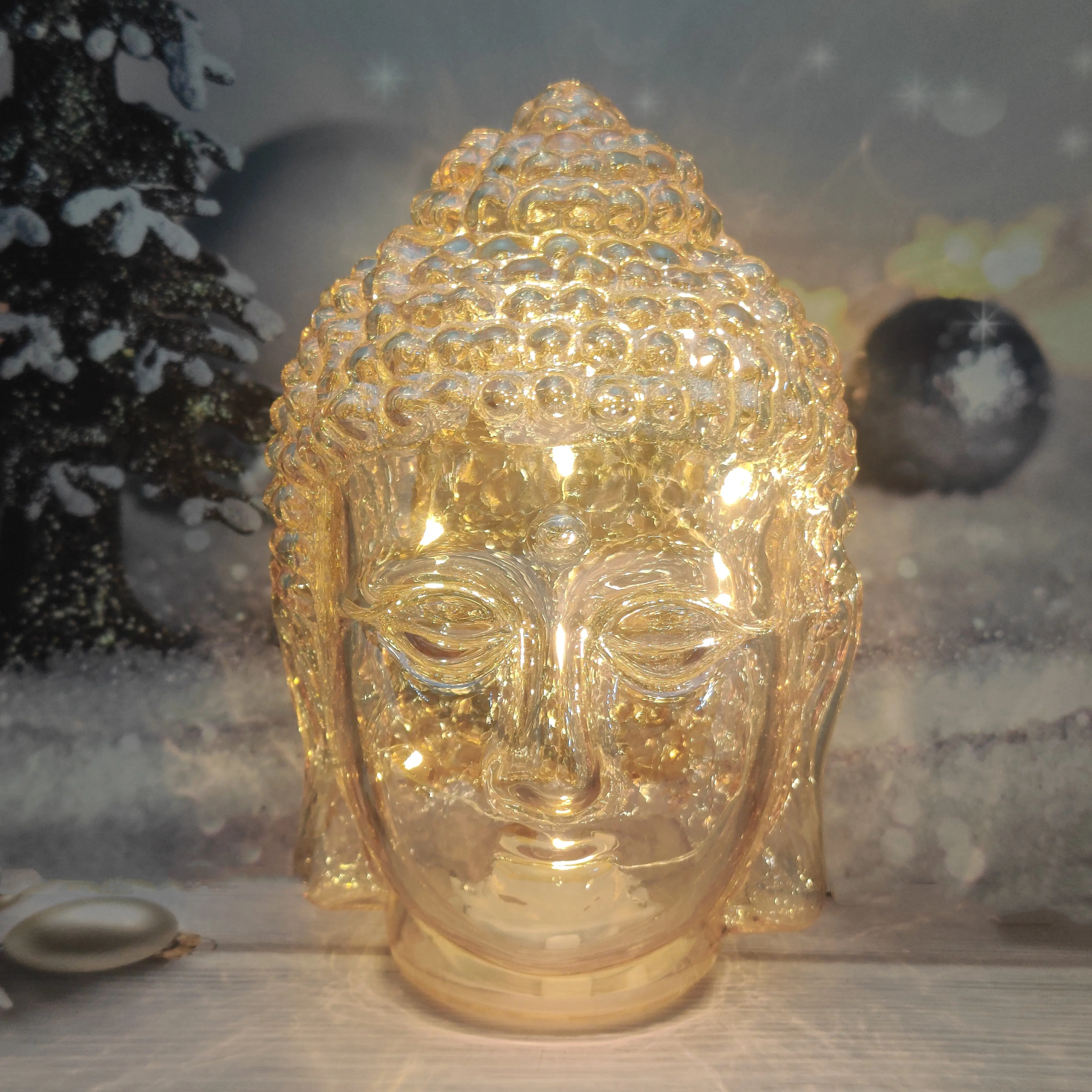 Battery Powered Led Lighted up White Glass Buddha Head Sculpture Ornaments Home Decorative Accessories