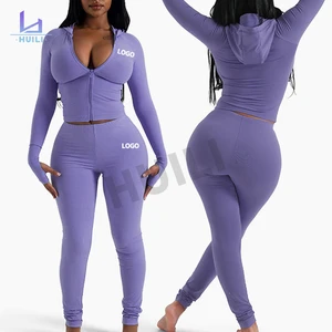 Huili Manufacturer Custom High Quality Two 2 Piece Fitness Gym Workout Tracksuits OEM Skinny Slim Fit Zip up Bodysuits for Women