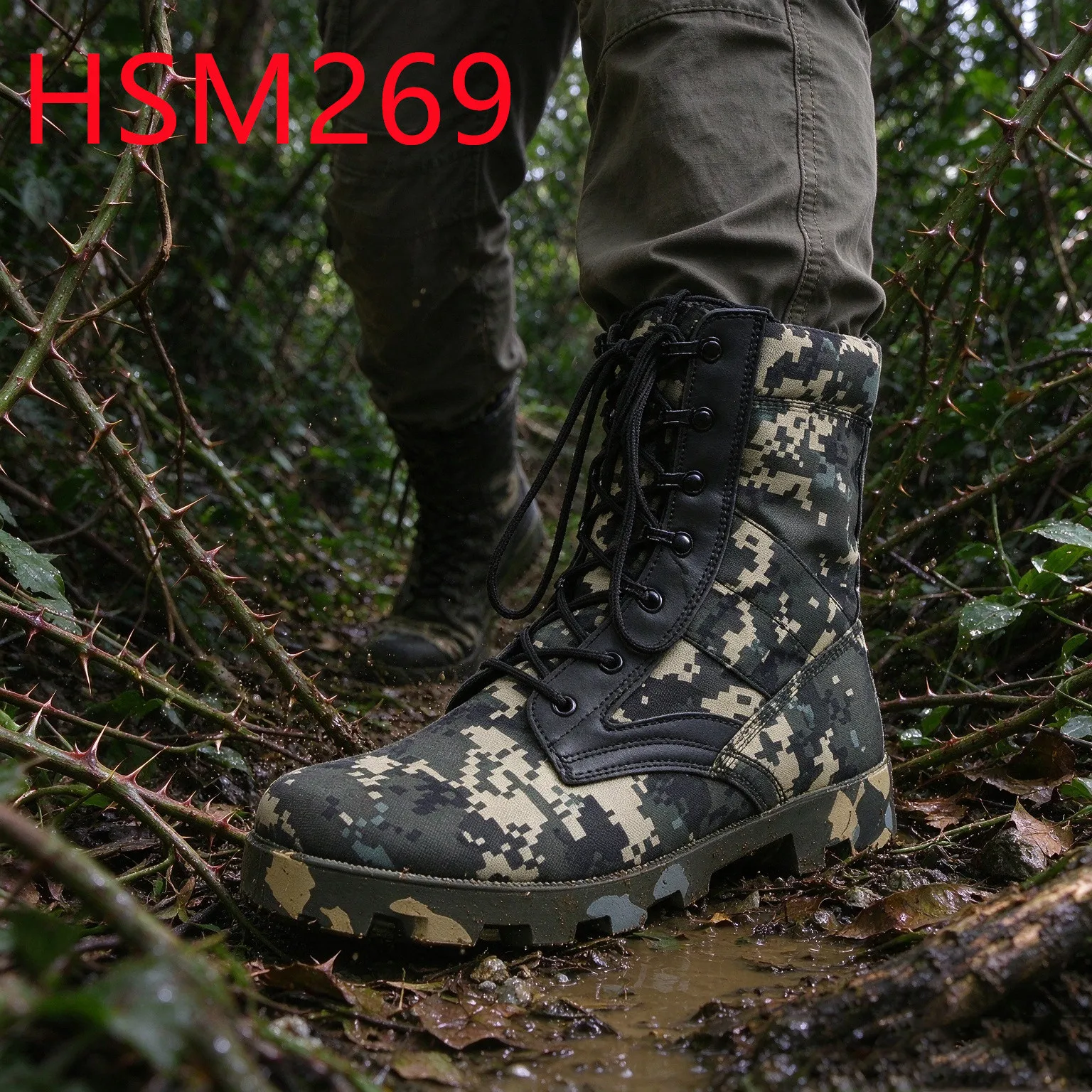 HY,Ghana Digital Urban Black Camouflage Hua Singh Hunting Boots High-Traction Rubber Sole Patrol Boots with Leather EyeletHSM269