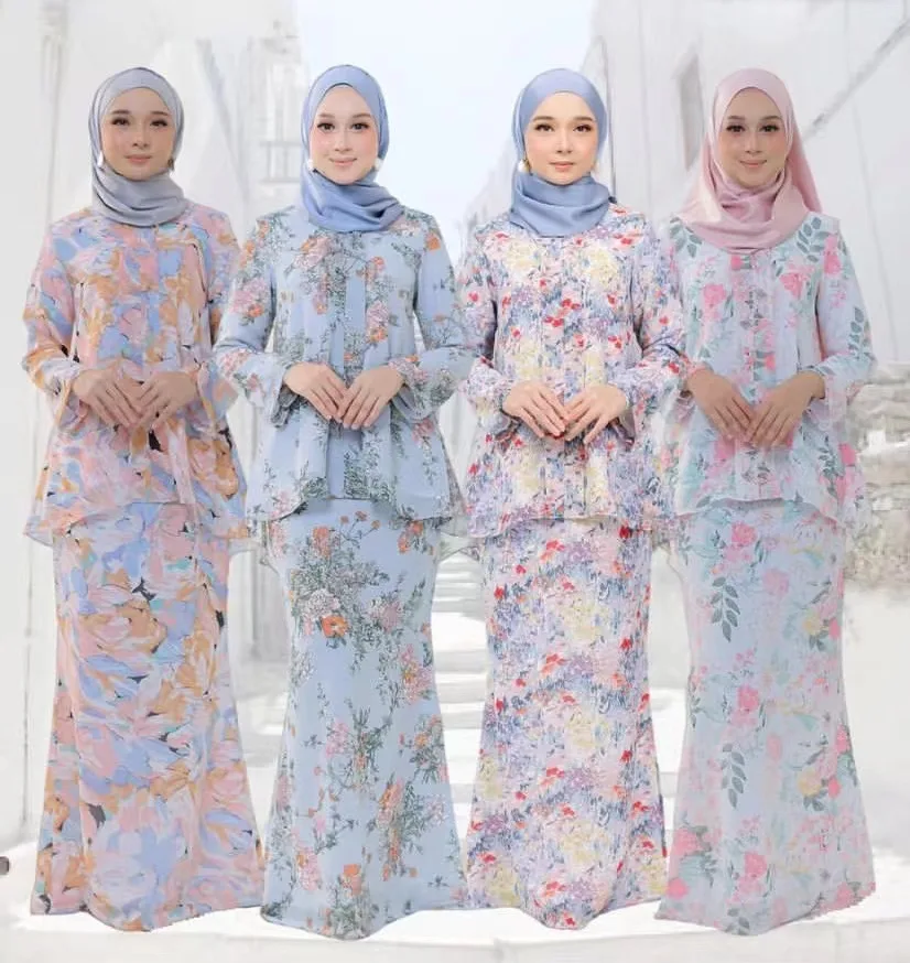 2023 Malaysia Traditional Custom Pattern Blouse Skirt Set  Floral Printing Heavy Chiffon CoTudung Girl Baju Kurung