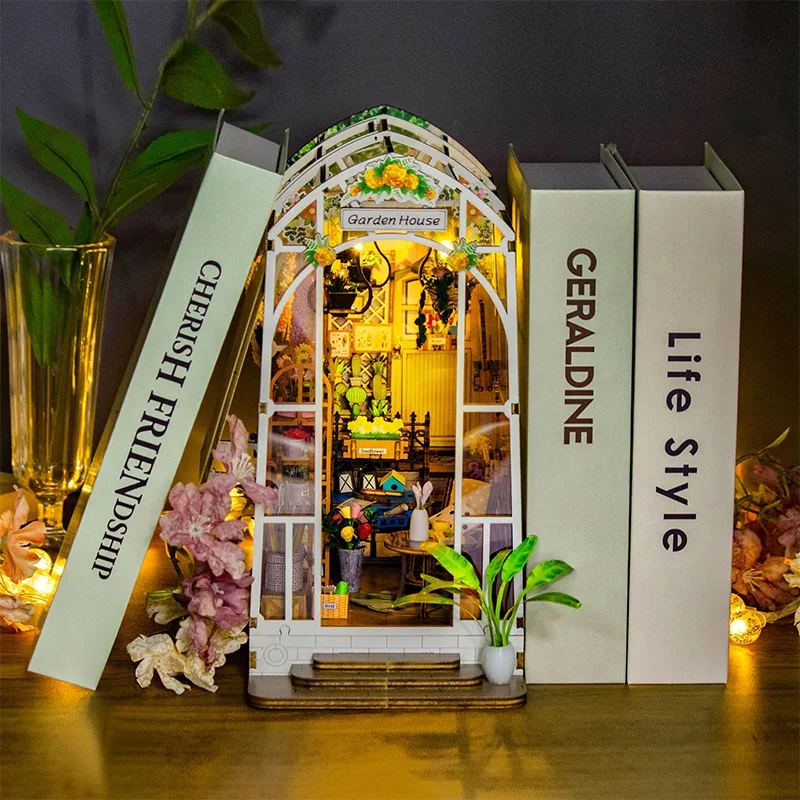 Book Nook 3d Wooden Puzzle Bookend Diy Miniature Garden House Booknook Shelf Insert Garden Book Nook Kit Mini Doll House Toy