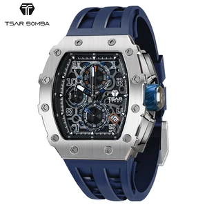 TSAR BOMBA Men's Chronograph Fashion Watch 50 ATM Water Resistant with Sapphire Mirror and Tonneau Design Silicone Band