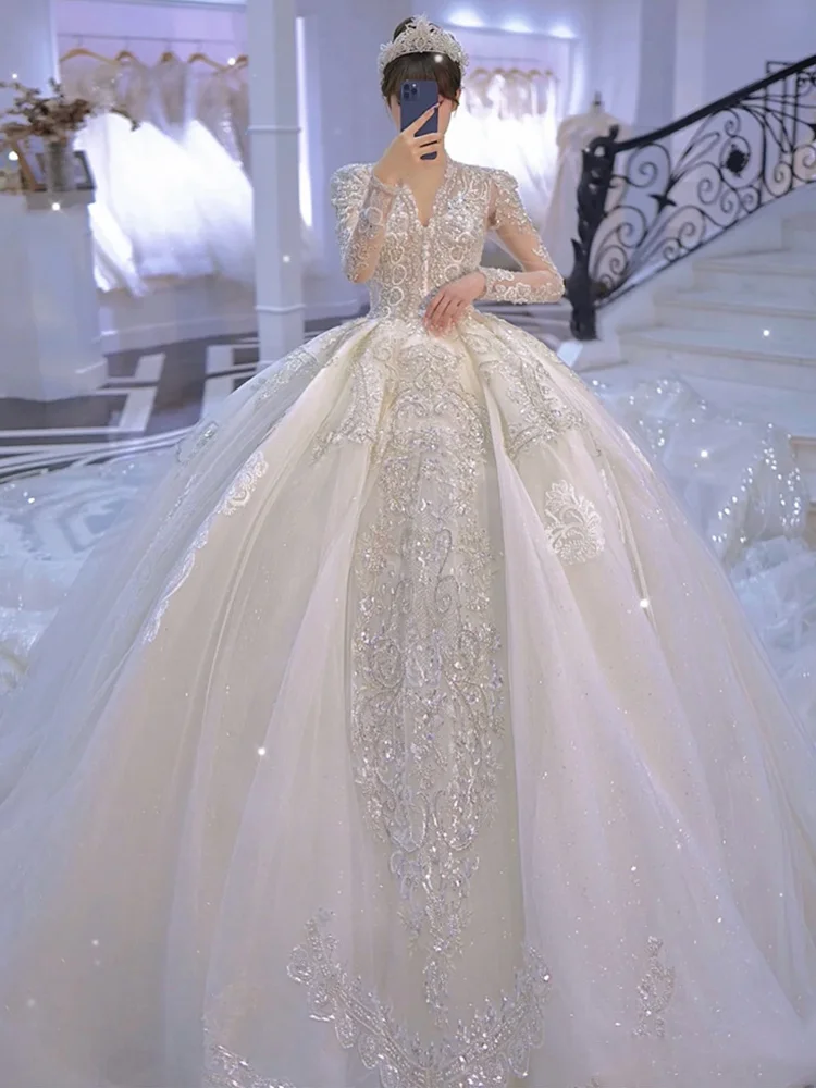 Handmade Lace Mesh Bridal Ball Gown Wedding Dress High Quality Luxury ...
