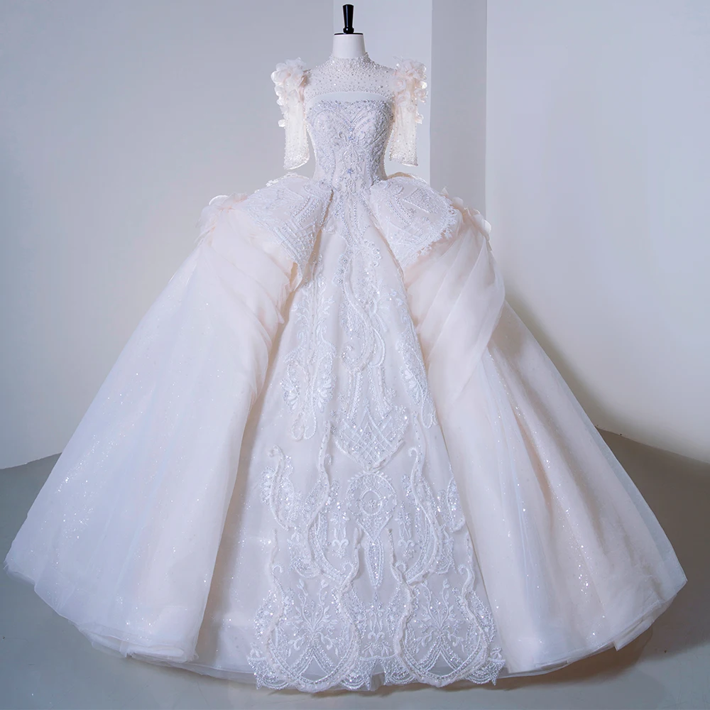 Sfy51 Luxury Glitter Silky Organza A-line Bridal Gown With V-neck & Backless Design Oem