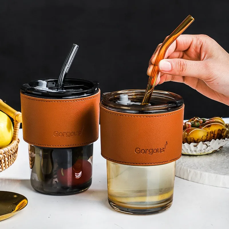 Modern and Classic Style Glass Coffee Cup with Lid and Straw Eco-Friendly and Sustainable for Tea Drinkware