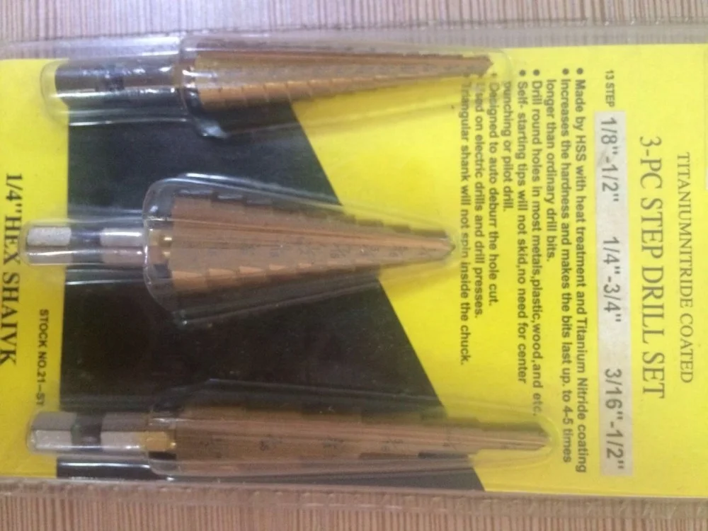 Factory Metric 3-Piece Hex Shank HSS Step Drill Bit Set for Metal R Trough Recessed Drill Bits