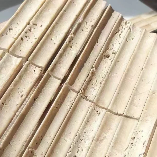 Natural Fluted Stone Finger Strip Matte 3d Curve Concave Travertine Stone Mosaic Back Net Wall Tile for  Kitchen Bathroom Bar