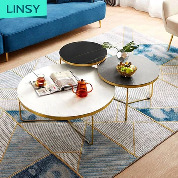 Linsy Nordic Luxury Round White And Gold Coffee Table For Living Room Stainless Steel Modern Marble Top Coffee Table JI1L