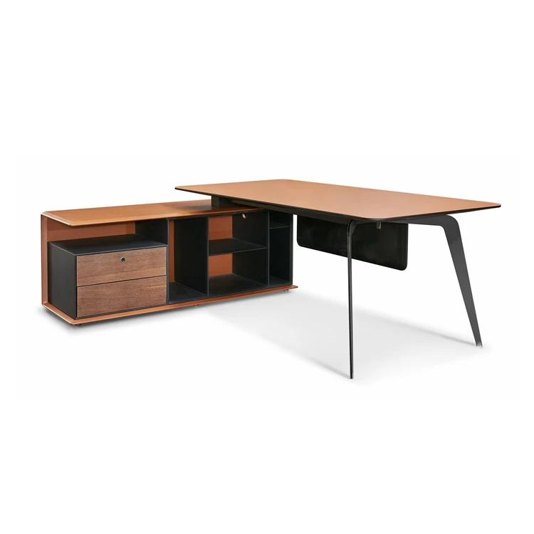 Saddle Leather Office Boss Table with Smart Fingerprint Lock L Shaped Office Desk MDF Office Furniture Executive Working Desk