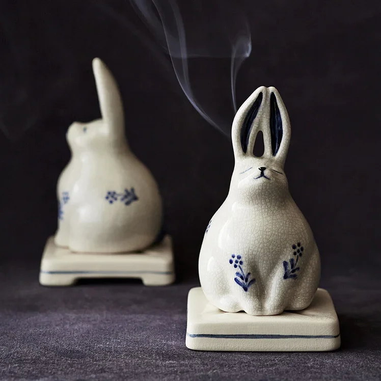 Porcelain Animal Cat Rabbit Design Home Decor Gift Set Incense Burner