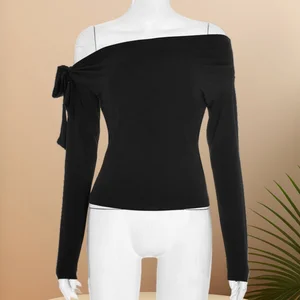 Viviblook Y25TP327 Autumn New Pleated Single Shoulder Twisted Strap Asymmetrical Long Sleeved T-shirt Top for Women