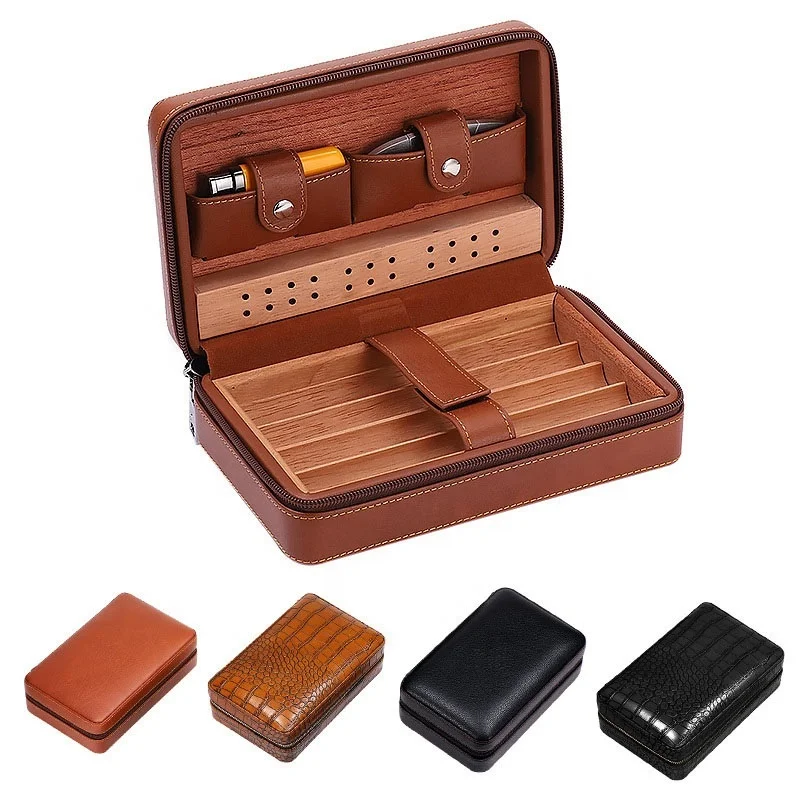 Luxury Cigar Cedar Wood Humidor Portable Travel Leather Cigar Box